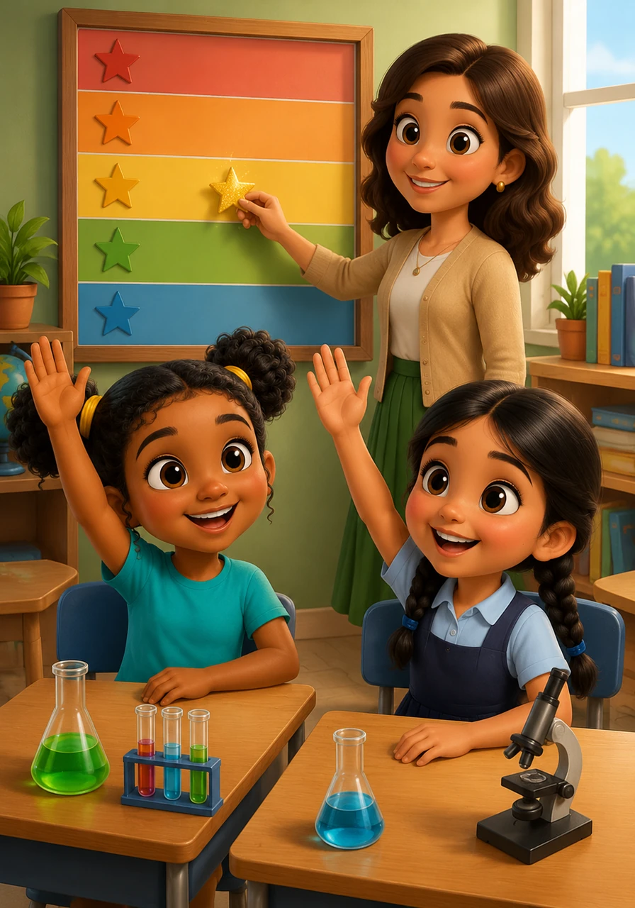 When it is time for science, Izee and Layaaly eagerly raise their hands and wait patiently to be called on before sharing their ideas. Miss Nora praises their excellent manners, awarding their table a glittering golden star on the achievement chart.