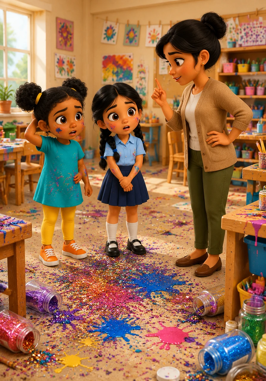 As the class begins a delicate art project, Aikaa and Leem start racing around the room, accidentally spilling glitter and paint across the floor. To help them understand the impact of their energy, Miss Nora assigns them the special duty of being the cleanup captains for the afternoon.