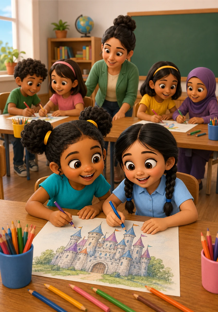 Neesh and Shaarath work beautifully as a team, sharing their colored pencils and helping each other draw a magnificent castle. Their cooperative behavior inspires the surrounding students to share their supplies and collaborate peacefully.