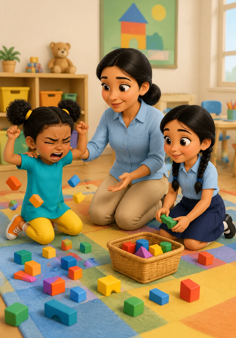During the math game, Eesha gets frustrated by a tough problem and throws her blocks onto the floor in anger. Miss Nora sits down with her, guiding her to take deep breaths, and together they pick up the blocks so Eesha can practice patience and try again.