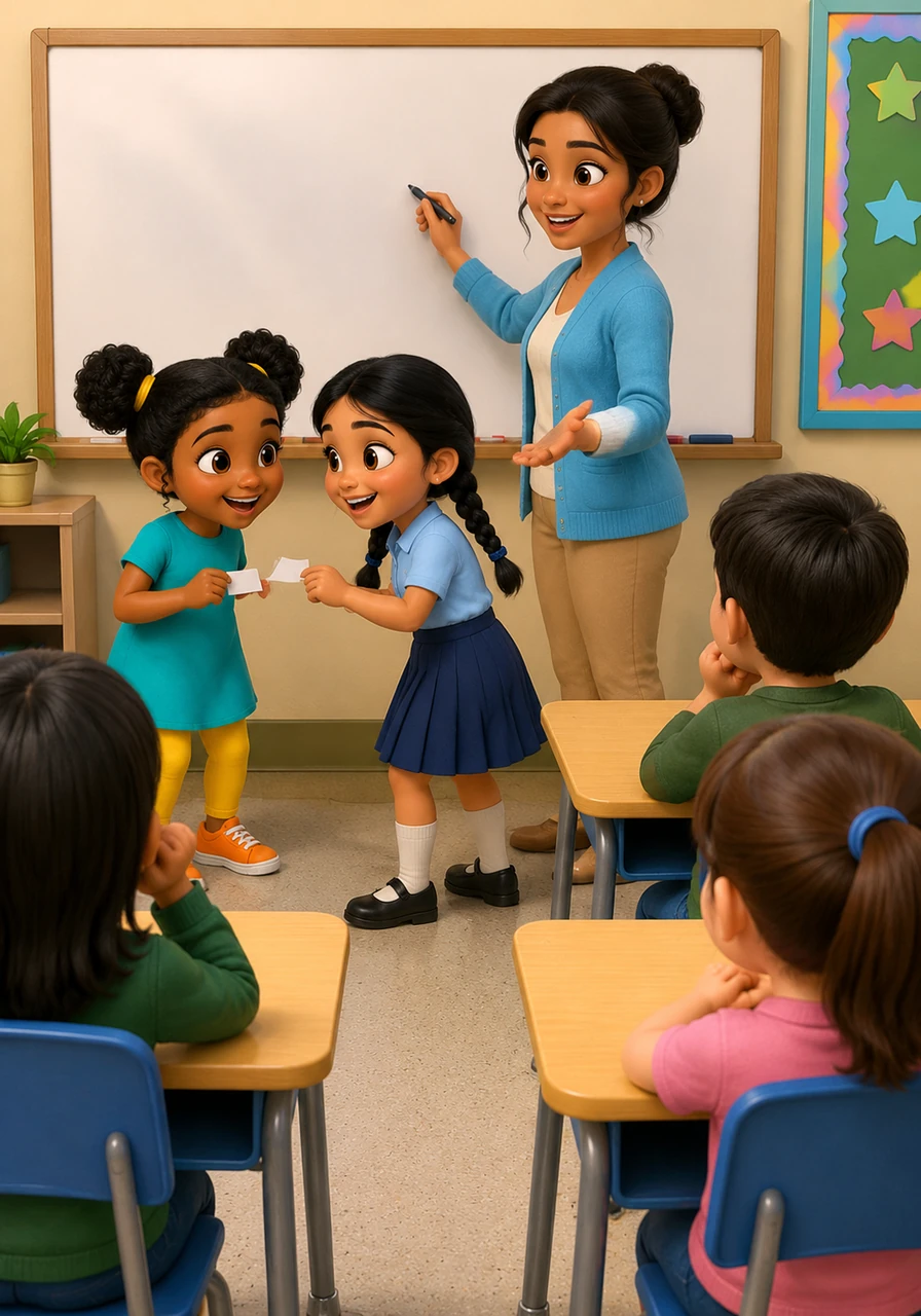 While the teacher is writing on the whiteboard, Shaayan and Ely begin passing secret notes and giggling, missing out on the important instructions. Miss Nora asks them to step up to the board and co-teach the next simple step of the problem to the class, turning their distraction into active participation.