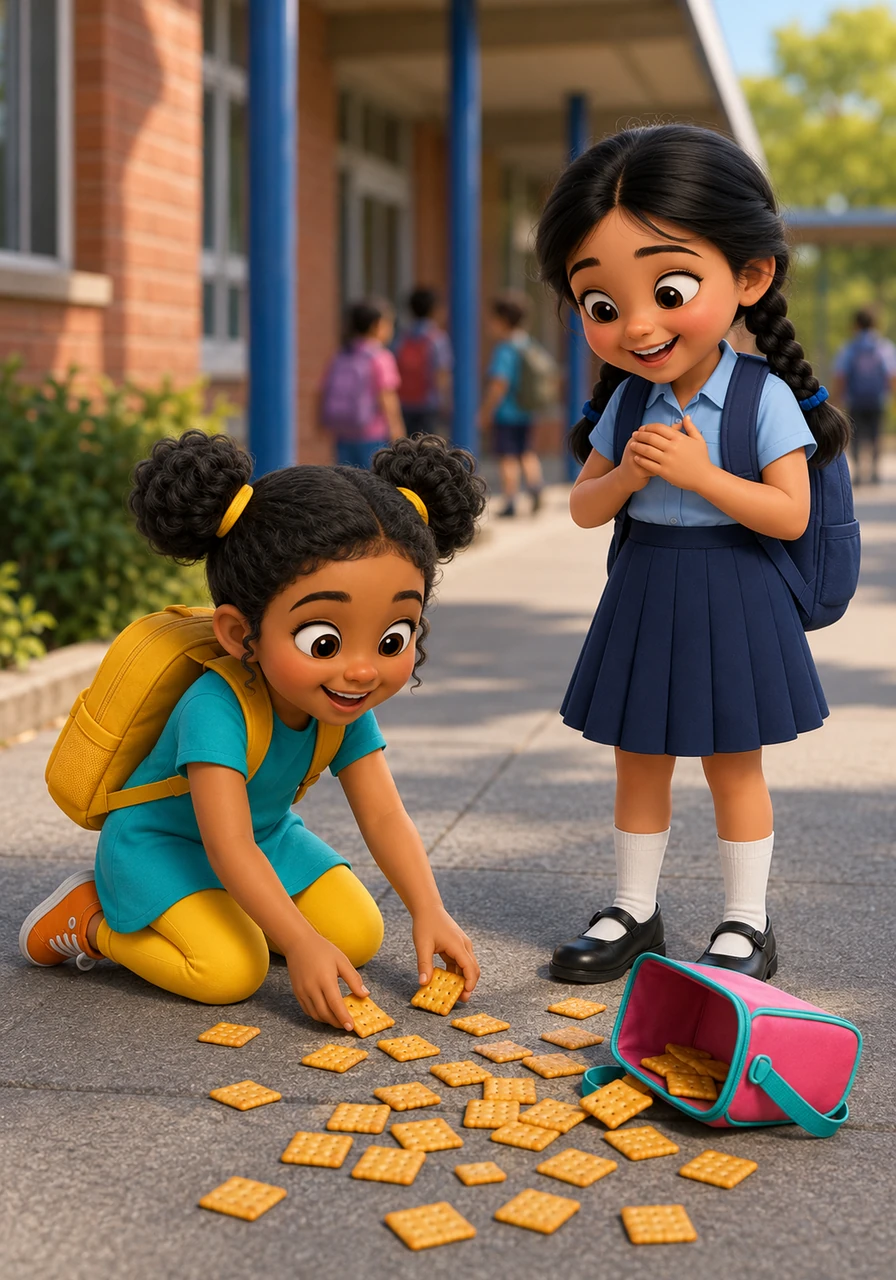 Shahada notices that a classmate has dropped their lunchbox and dropped their crackers all over the walkway. Without being asked, she kindly kneels down to help them gather their things, earning a warm smile and a big thank-you from her grateful peer.