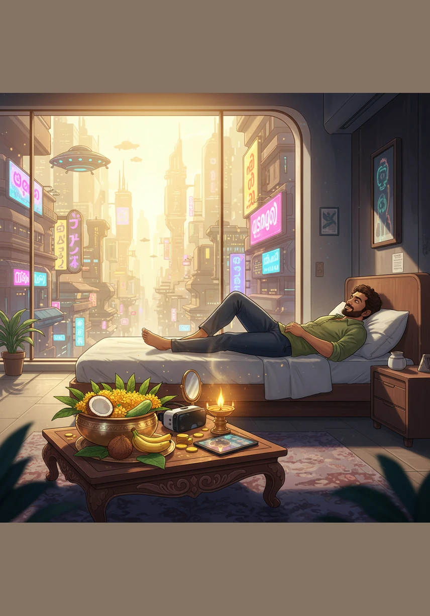 Ravi wakes up to the golden glow of the Vishu Kani, feeling the joy of the new year. He heads to the kitchen with a smile, ready to start preparing the grand feast for his entire family.