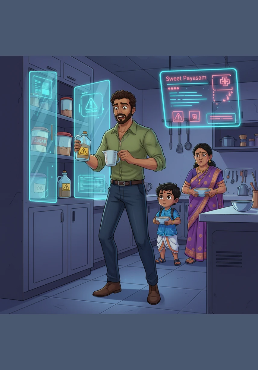 Panic sets in as he frantically checks the pantry, finding the sugar jar empty and the oil bottle completely dry. The essential ingredients for the sweet payasam are nowhere to be found in his kitchen.