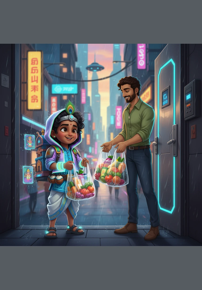In record time, a friendly delivery person arrives at his doorstep with bags full of fresh, high-quality groceries. Ravi takes the supplies with a grateful smile, feeling the weight of the morning's stress finally lift from his shoulders.