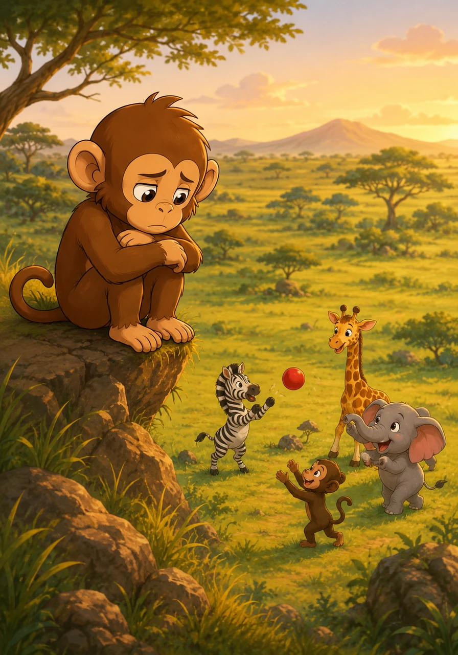 Leo the lion cub sat on a grassy hill in the sunny savanna, feeling a bit left out. Below him, all his friends – Zola the zebra, Gerry the giraffe, Ellie the elephant, and Koko the monkey – were playing a noisy game of catch with a bright red ball. 'I wish I could play, but I can't roar like they can,' Leo thought sadly, hugging his knees.