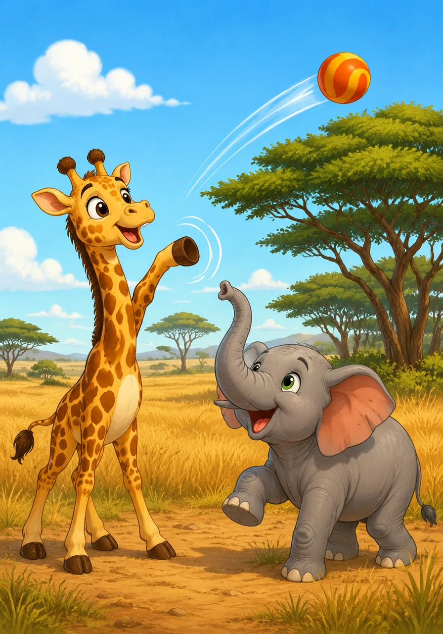 The friends on the savanna were having so much fun, they didn't even notice Leo was gone. 'Your turn, Ellie!' yelled Gerry, tossing the ball high into the air. 'Oops!' giggled Ellie, the ball sailing far beyond her trunk, landing near a thick cluster of acacia trees.