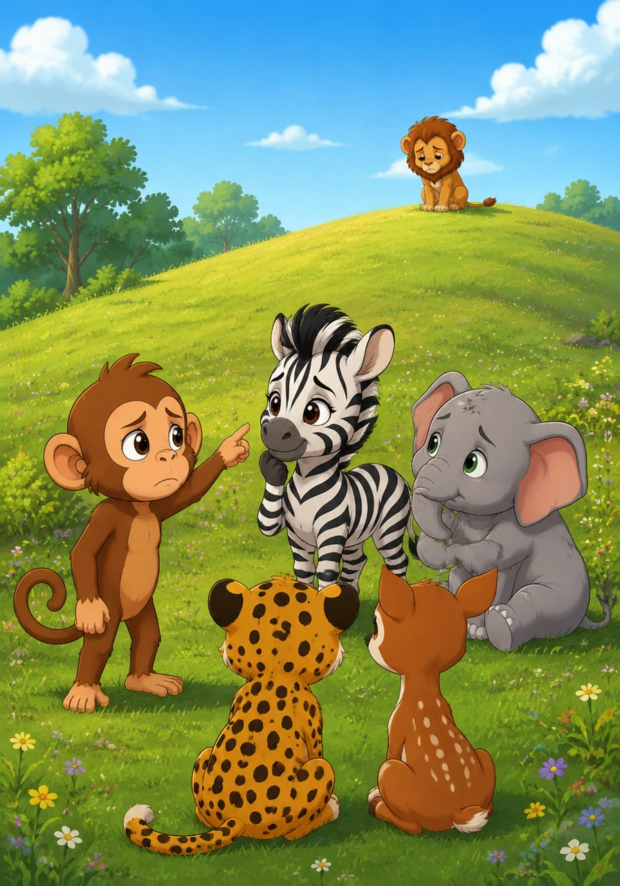 Looking for the ball, Zola noticed Leo still sitting alone, staring at the grass. 'Hey guys, where's Leo?' she asked, feeling a little concerned. The others stopped playing and looked around. 'He's been sitting up there all by himself for a long time,' said Gerry, tilting his head.