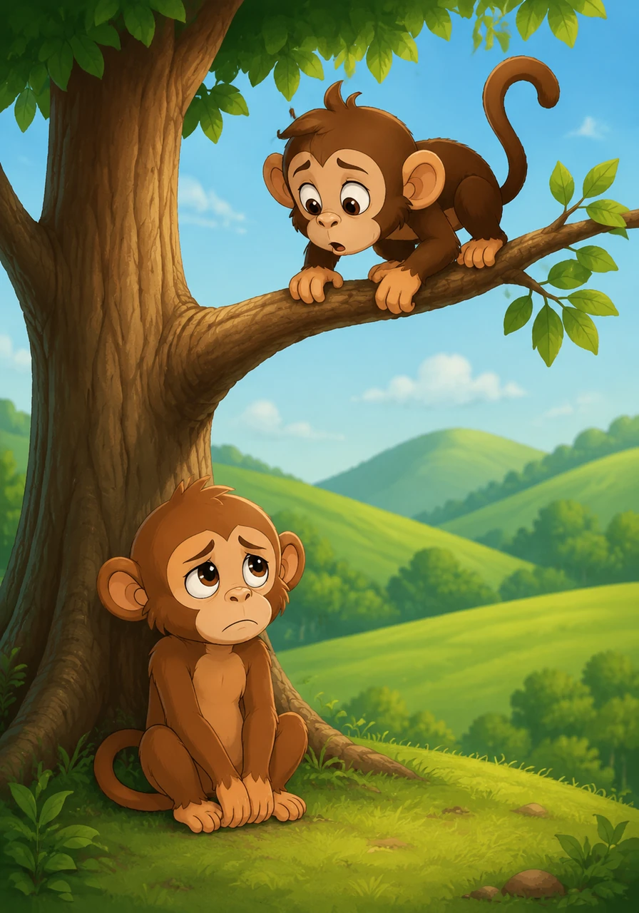 Koko, the fastest monkey in the trees, scrambled up the hill and perched on a branch near Leo. 'Leo, why are you sitting here all alone? The game is so fun!' Leo looked up with big, sad eyes. 'I... I can't roar as loud as you guys,' he whispered, 'Nobody can ever hear me.'