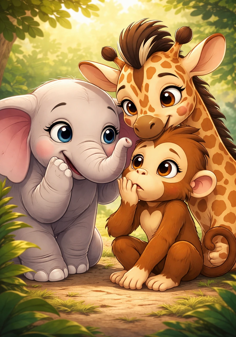 When Koko told the others why Leo was sitting alone, they all felt bad. Ellie, Zola, and Gerry huddled together, whispering excitedly. 'We have to make Leo feel better!' said Zola. 'What can we do?' Ellie waved her trunk thoughtfully.