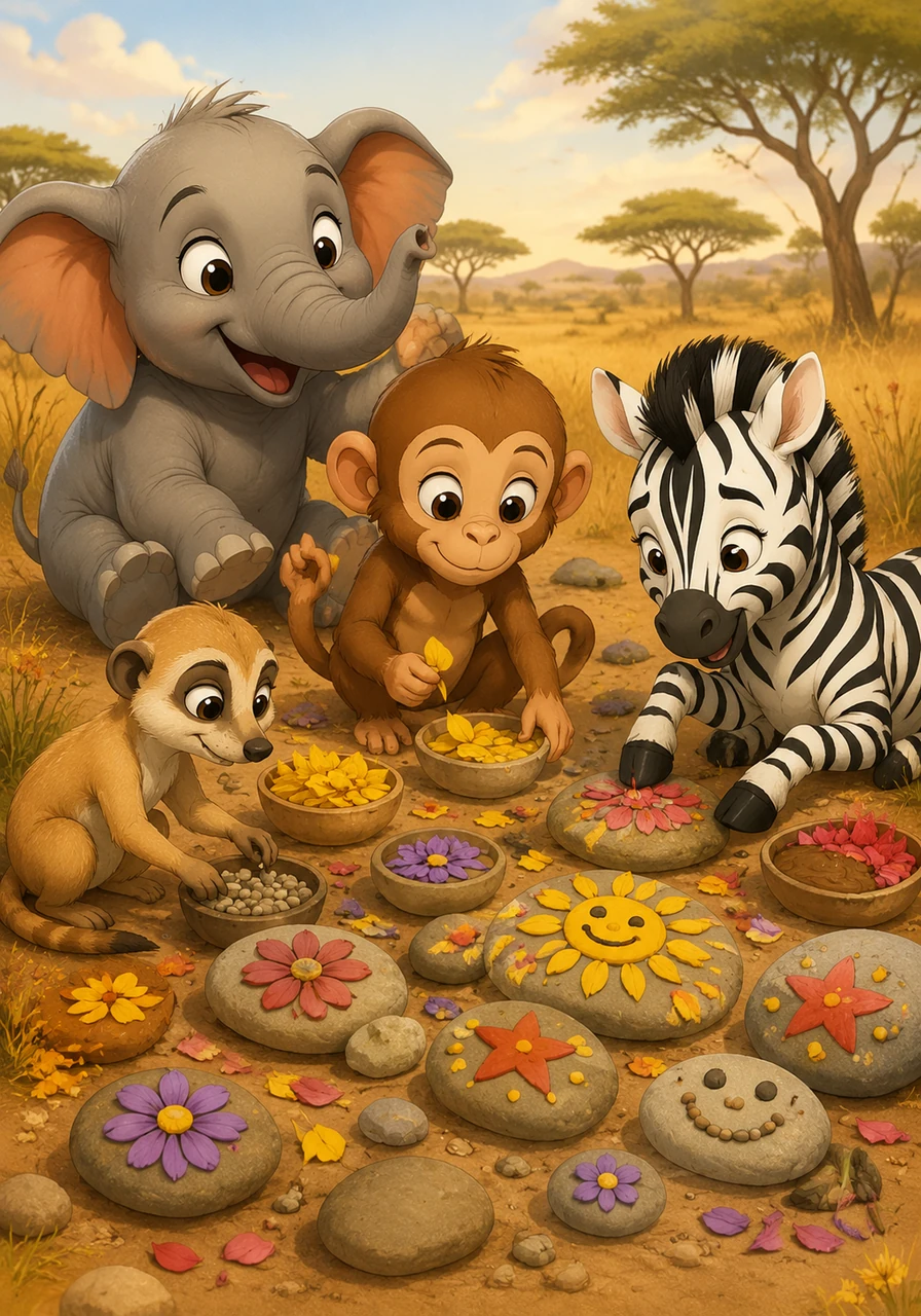 Ellie, Zola, Gerry, and Koko worked together, gathering smooth, flat stones and colorful flower petals from around the savanna. They carefully painted small, happy drawings on each stone using bright mud and crushed petals. 'Leo will love this!' cheered Ellie.