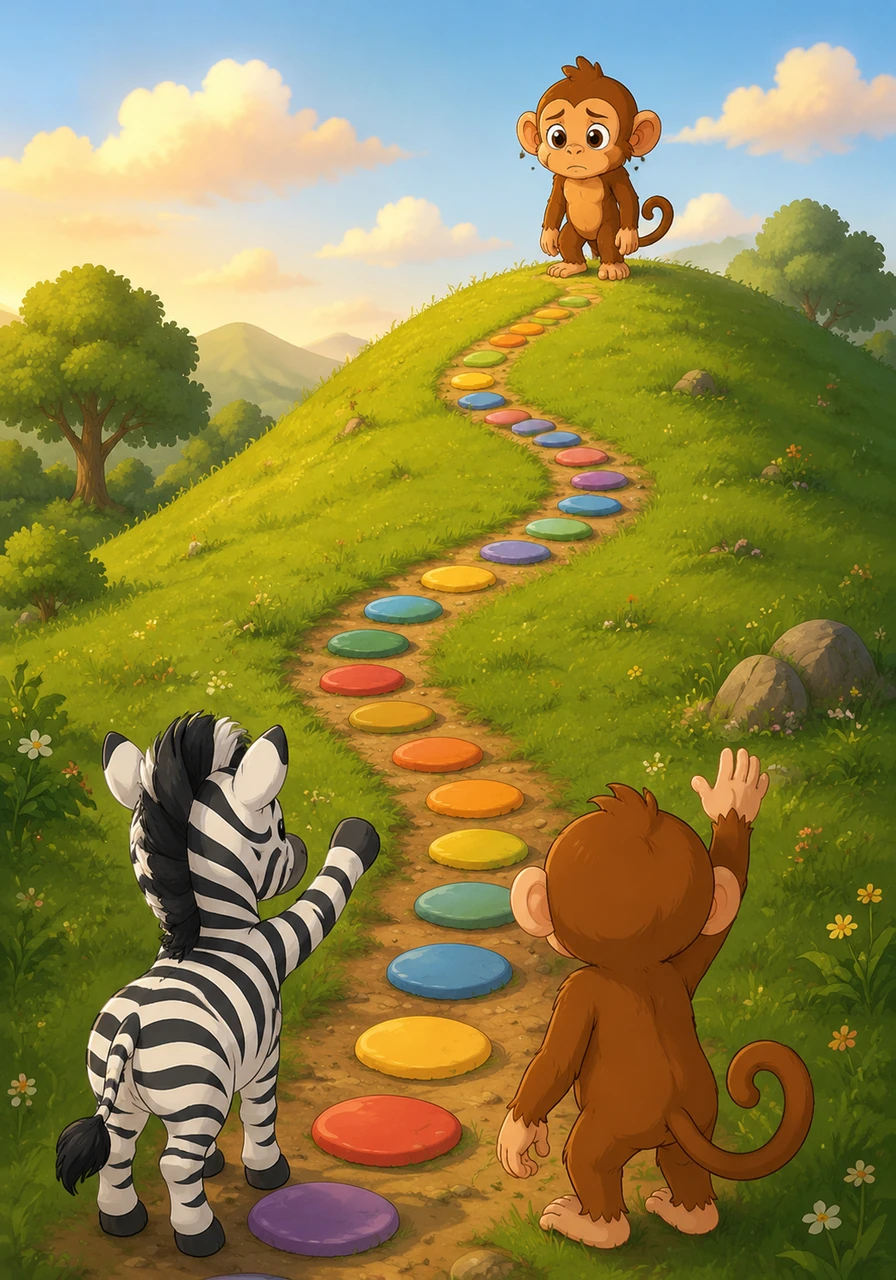 Leo was still on the hill, but now his friends were waving at him from below, gesturing for him to come down. They all pointed to a beautiful path they had made using the painted stones. 'For Leo!' they shouted together, their voices filled with warmth.