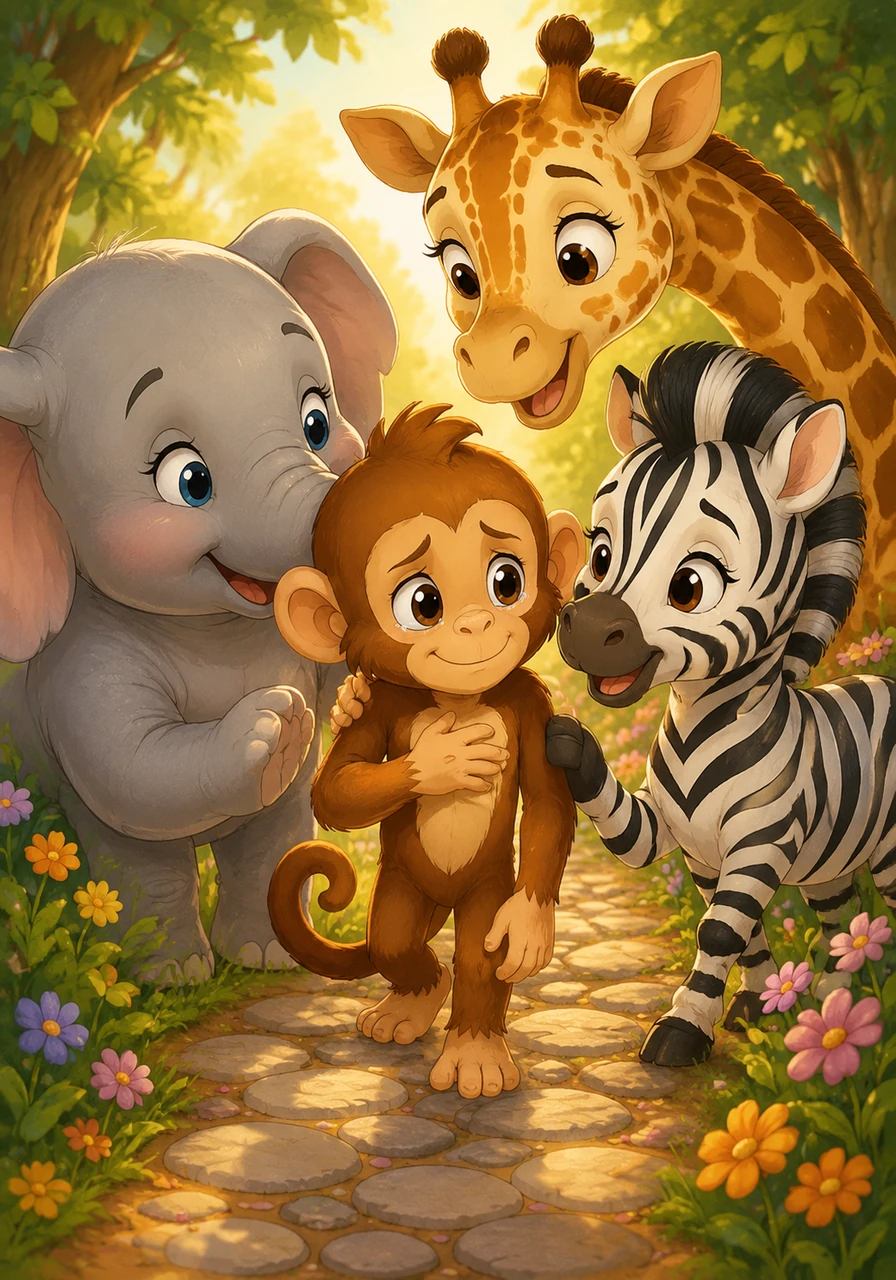 Leo slowly walked down the stone path, his heart swelling. His friends gathered around him, not roaring at him, but whispering kind words and gentle hums. 'We missed you, Leo!' giggled Ellie. 'We made this special 'Quiet Roar' path just for you,' added Zola, smiling broadly.