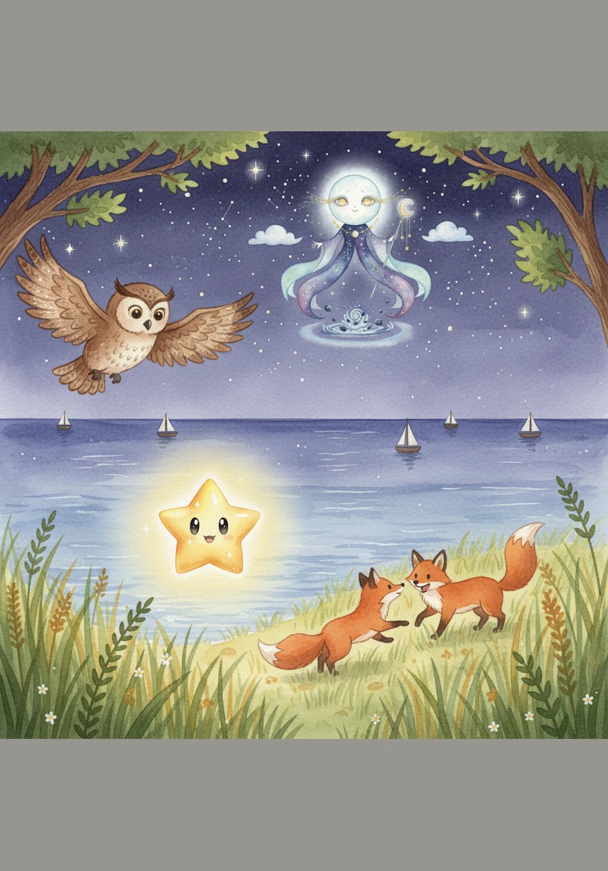 Luma watched in wonder as a wise owl glided silently through the trees and a family of foxes played in the tall grass. The ocean waves hummed a soft rhythmic tune as boats drifted peacefully across the water. Everything seemed so magical and alive while the rest of the sky was fast asleep.
