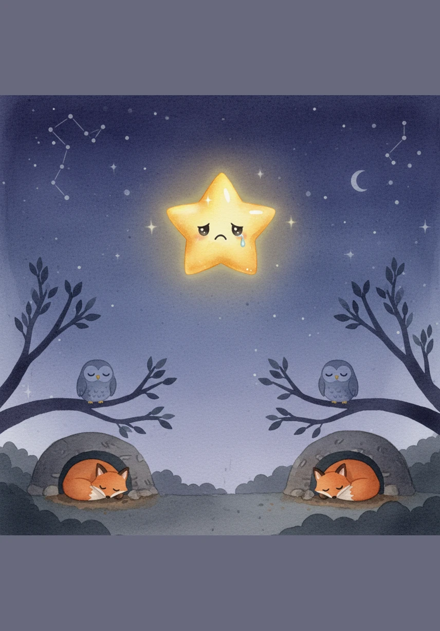 Soon, the owls returned to their nests and the foxes curled up in their dens, leaving the world below silent and still. Luma looked around the vast, dark sky and realized she was the only one still awake. A heavy feeling of loneliness washed over her as the silence of the night grew deeper and deeper.
