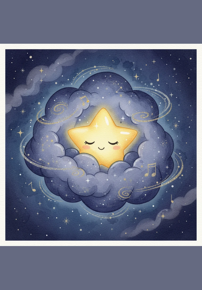 Luma finally gave in to the cozy feeling, snuggling deep into a soft, dark cloud that felt just like a velvet blanket. She closed her eyes and listened to the gentle hum of the universe’s secret lullaby. For the very first time, the little star drifted off into a peaceful, dream-filled sleep.