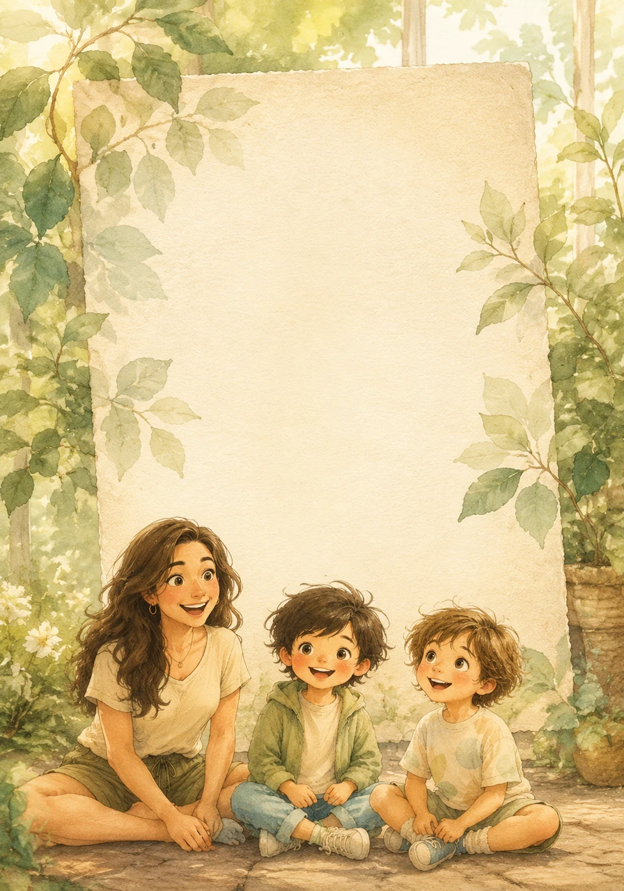 A warm, inviting letter addressed to parents fills the page, surrounded by delicate watercolor illustrations of green leaves and gentle morning sunlight. The text encourages families to slow down, embrace the beauty of simple moments, and explore the wonders of the natural world together through daily hands-on play.