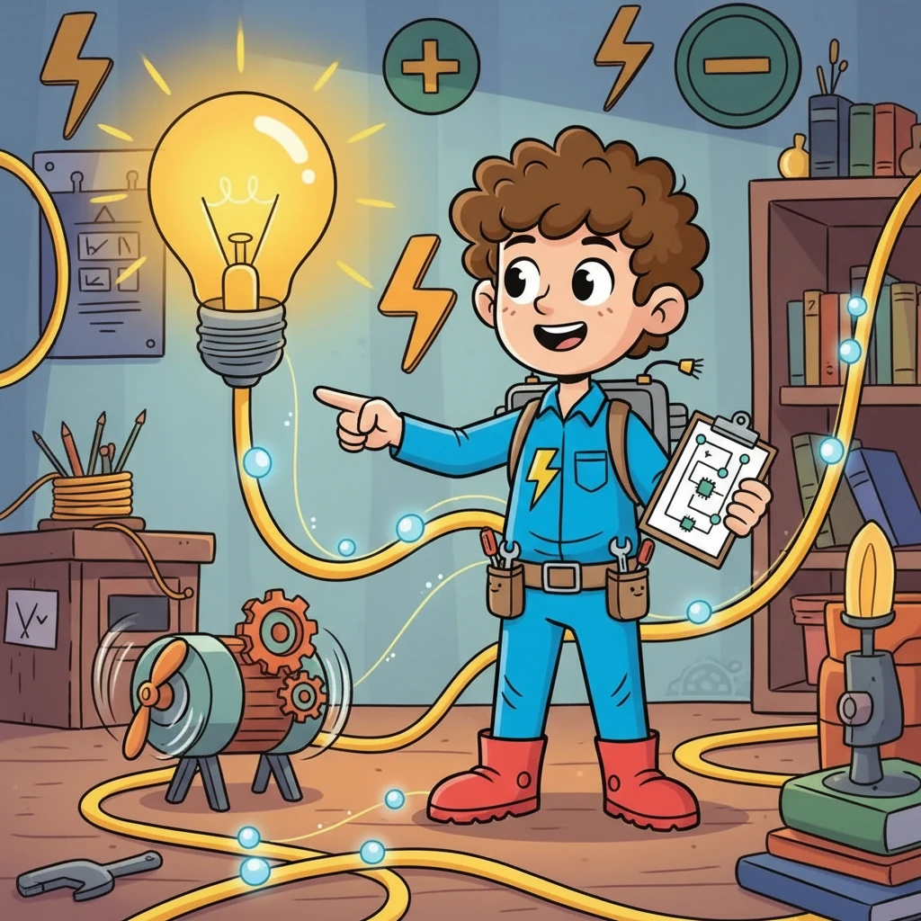 No primeiro capítulo, André descobre os fundamentos da eletricidade: tensão, corrente e resistência. Ele imagina os elétrons como pequenas bolinhas correndo por fios, iluminando lâmpadas e movendo motores. A compreensão básica o instiga ainda mais.