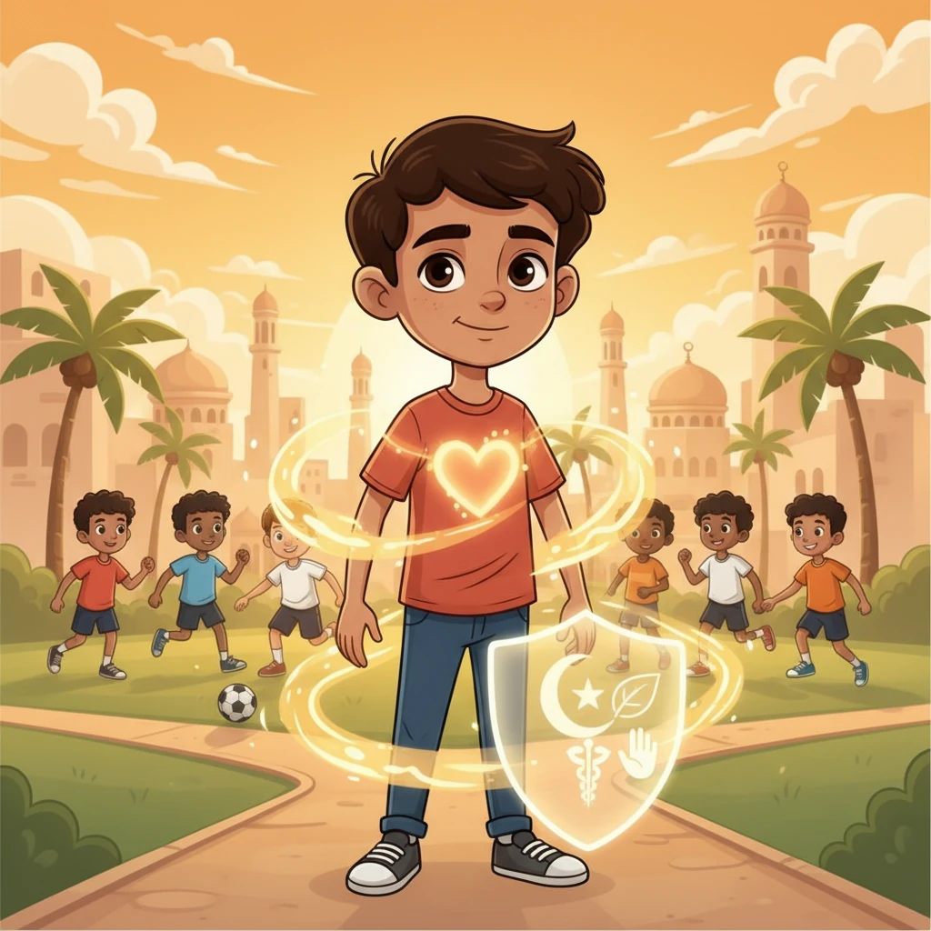 حمد، فتى في الصف السابع، كان يحلم دائمًا بأن يكون بطلاً. كان لديه قلب ضعيف، لكن روحه كانت مليئة بالشجاعة. كان يحلم بالركض واللعب مع أصدقائه، لكنه كان يعلم أن عليه أن يعتني بصحته أولًا.