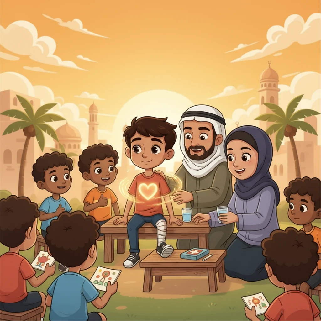 وصل المعلمون، وقاموا بإسعافه. بينما كان حمد يستريح، أدرك أنه حتى مع حالته الصحية، يمكنه أن يظهر شجاعة بطرق أخرى. قرر أن يكون قائدًا للصف، ويدعم زملائه.