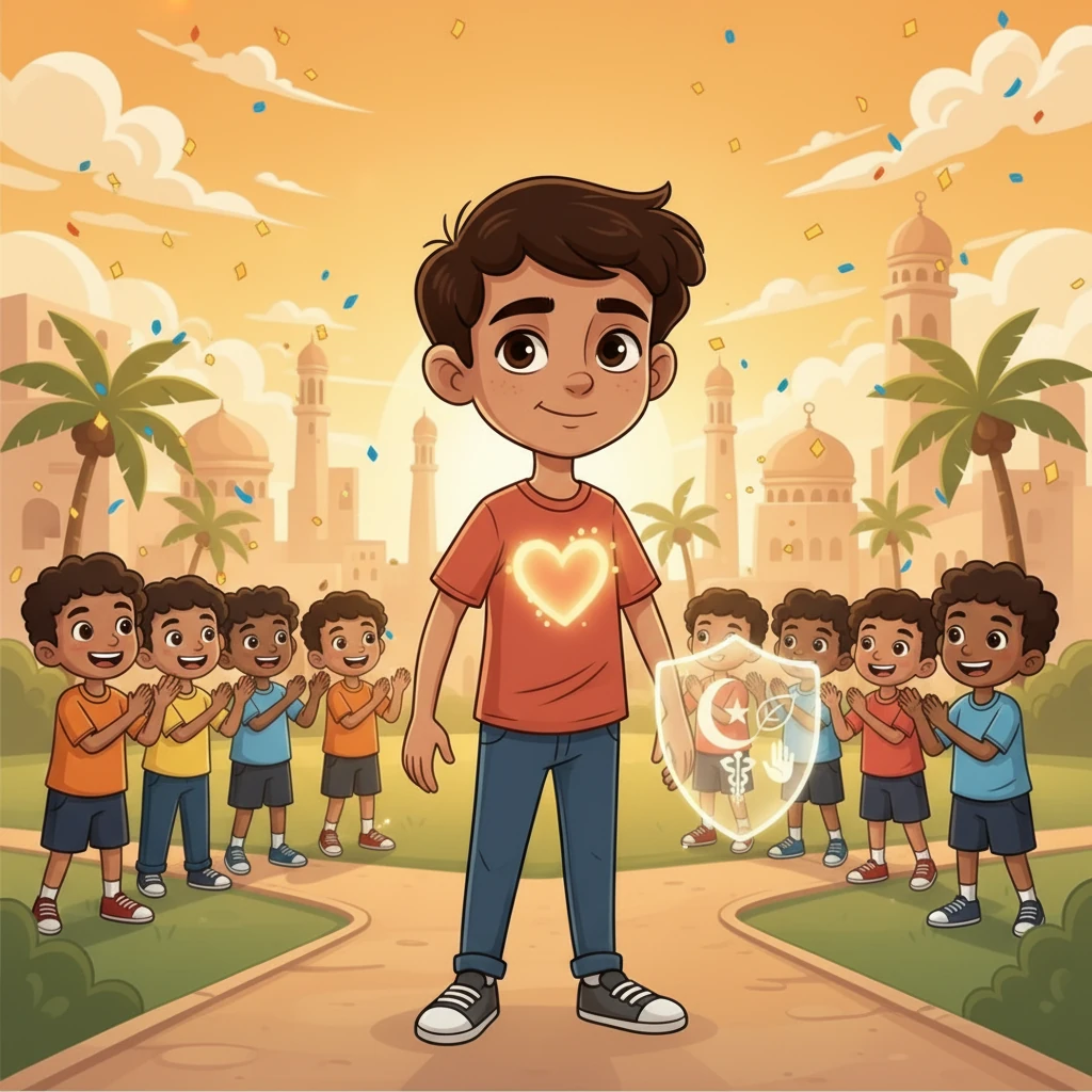 صفق الجميع بحرارة. أدرك حمد أنه لم يكن بحاجة إلى أن يكون بطلاً بالمعنى التقليدي. لقد كان بطلاً، بقلبه الشجاع و روحه التي لا تنكسر. ترك أثراً طيباً في قلوب زملائه ومدرسته.