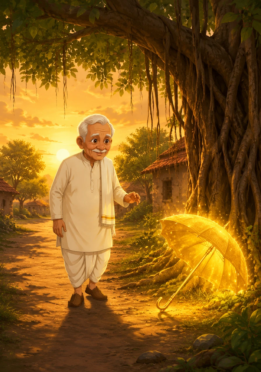 Grandpa Shanti was walking down the old, familiar dirt path of his village just as the sun began to set. Beneath the wide branches of an ancient banyan tree, he noticed a beautiful umbrella glowing with a soft, ethereal golden light.
