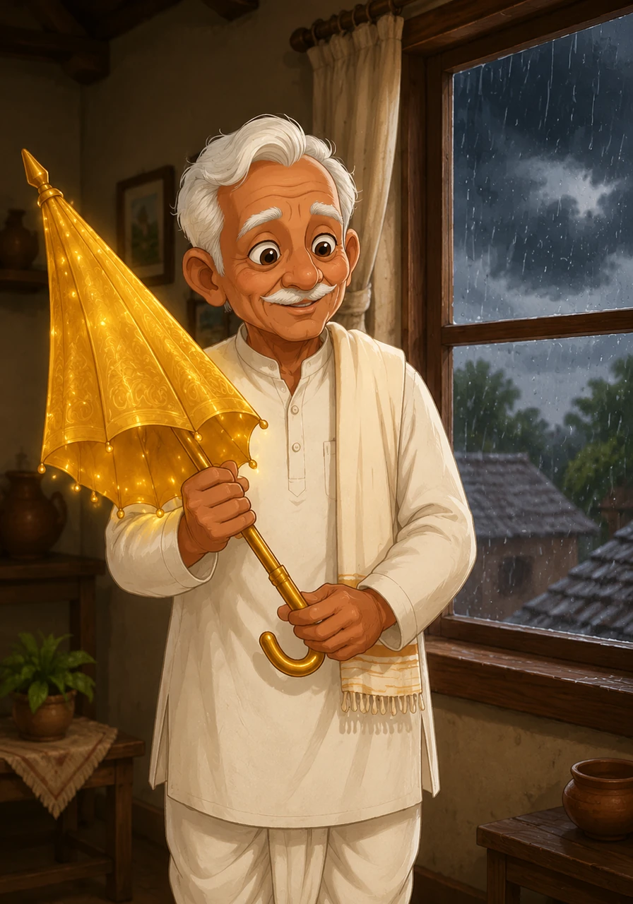 Curious and amazed, Grandpa Shanti picked up the lonely umbrella and carried it back to his humble cottage. The next afternoon, dark clouds suddenly rolled in and a gentle rain began to patter against the rooftops.