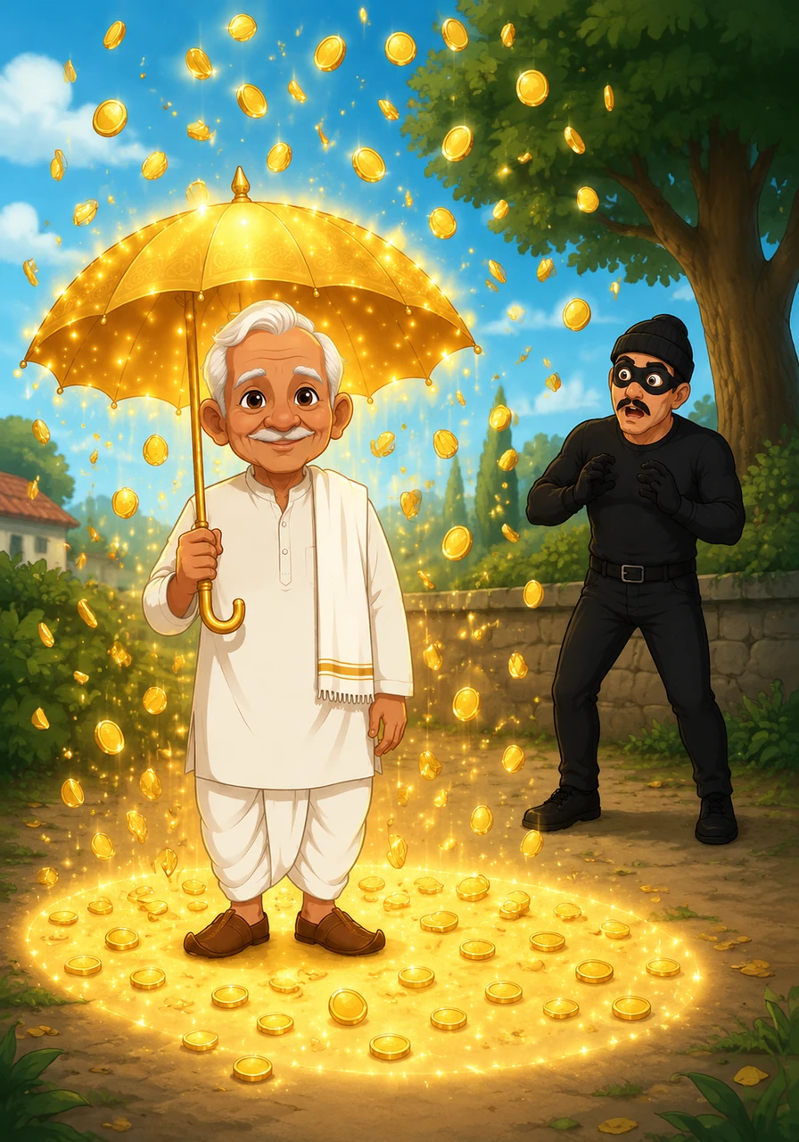 As Grandpa Shanti stepped outside and opened the umbrella, a spectacular miracle occurred. Wherever the golden shadow of the umbrella fell upon the ground, shiny gold coins began to shower from the sky like magical raindrops.