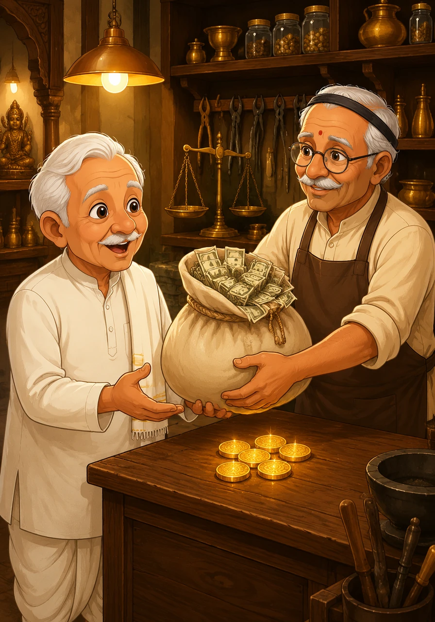 Astonished by his discovery, Grandpa Shanti gathered a few coins and took them to a wise old goldsmith in the nearby town. The goldsmith confirmed they were made of the purest gold, handing Grandpa a large bag of money in exchange.