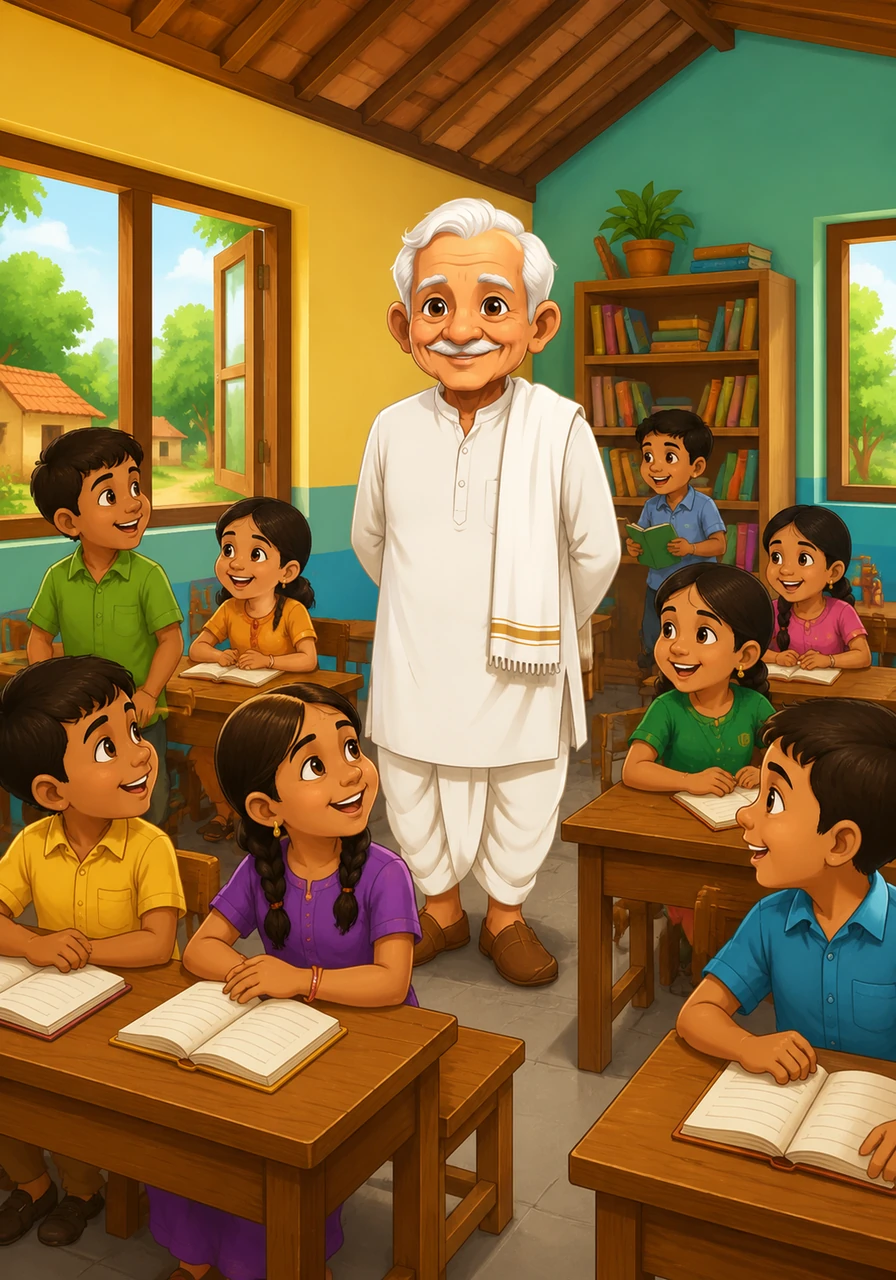 Realizing the incredible power of the umbrella, Grandpa Shanti chose to use the wealth to rebuild the village's crumbling school. He bought new books, desks, and bright paints, filling the classrooms with the laughter of happy children.