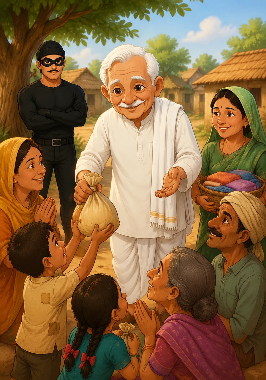 Grandpa Shanti never kept a single gold coin for himself, always living simply and finding joy in the happiness of others. He became a beloved guardian to everyone in the community, cherished for his endless generosity.