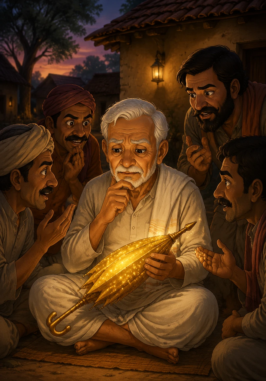 One evening, some well-meaning villagers suggested that he could use the umbrella to become the wealthiest, most powerful man in the entire land. For the very first time, a small spark of greed entered Grandpa Shanti's pure heart.