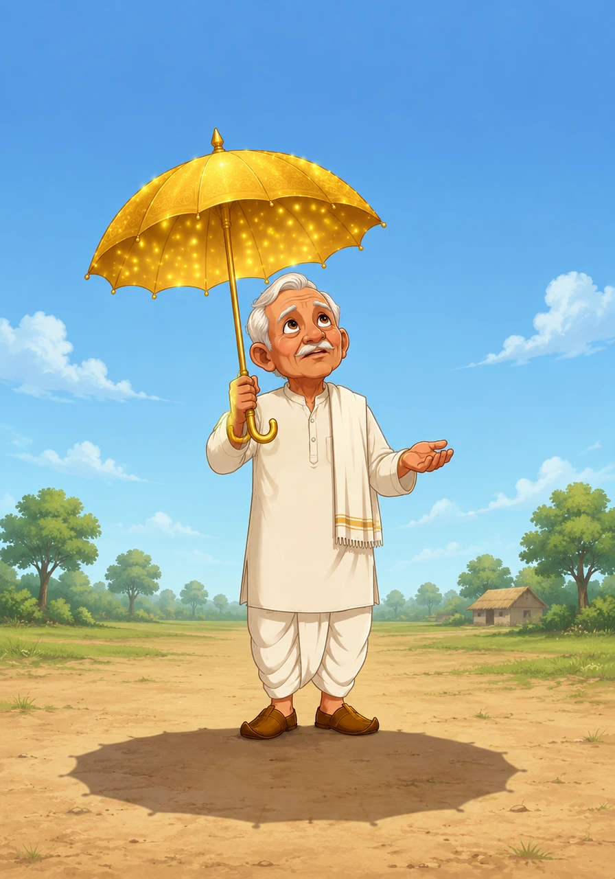 The next morning, driven by his new desire, Grandpa Shanti opened the umbrella solely to gather treasure for himself. The shadow fell upon the earth, but the sky remained completely still, and not a single gold coin fell to the ground.