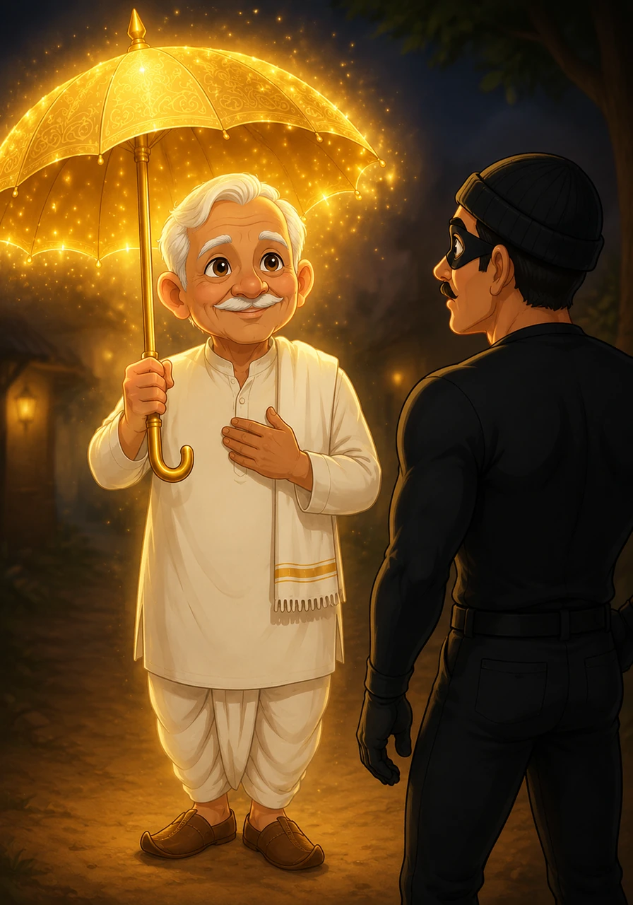 Suddenly, glowing letters materialized across the golden fabric of the umbrella, reading: This power is only for kindness, not for greed. Realizing his mistake, Grandpa Shanti smiled with a humble heart, understanding that the truest wealth belongs to those who give.