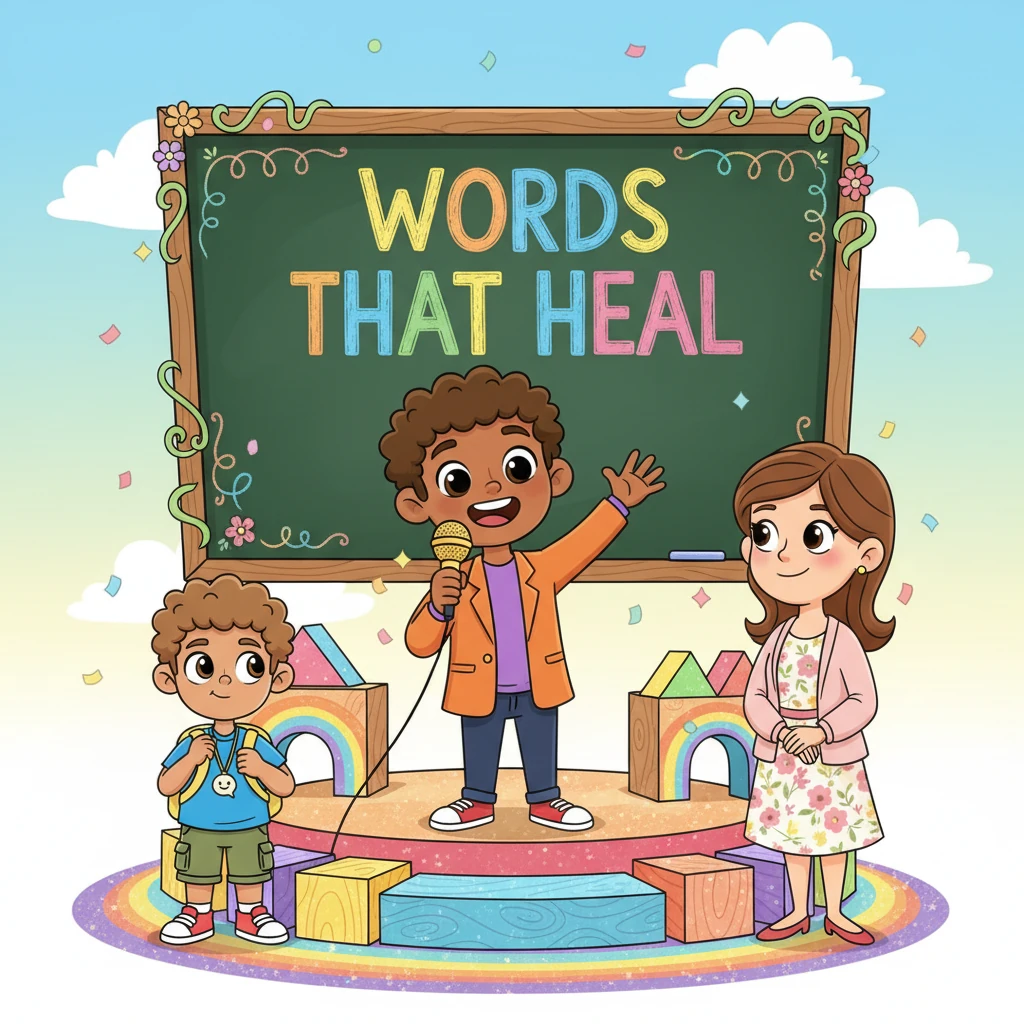A friendly, cartoon host character with a microphone stands on a whimsical stage, smiling brightly. Behind them, a colorful chalkboard displays the words 'Words That Heal,' while Alex, a small, shy boy, and Ms. Bloom, a kind-faced teacher, stand a little apart, looking thoughtful. The scene is bright and inviting, setting a welcoming tone.