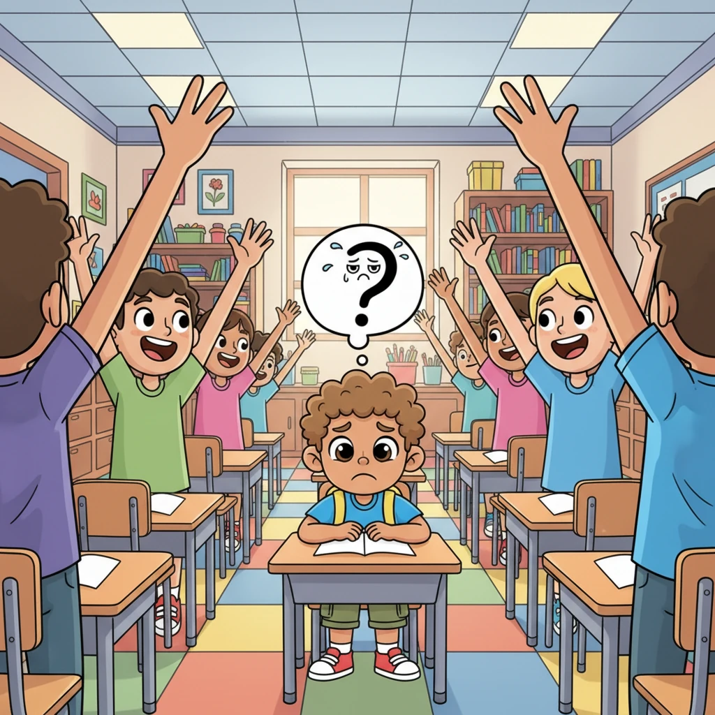 Young Alex sits hunched in his classroom chair, looking tiny and worried amidst a sea of towering, enthusiastic classmates eagerly raising their hands. A thought bubble above Alex's head shows a question mark morphing into a nervous, sweating face. His vibrant classroom feels overwhelming, highlighting his internal struggle.