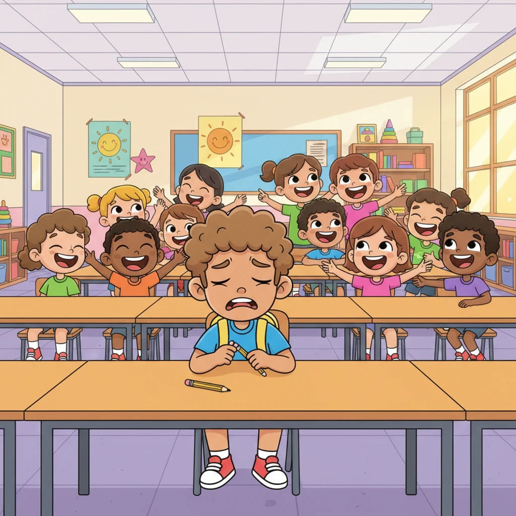 Alex is visibly distressed, sitting alone at a large table, nervously fiddling with a pencil while other students in exaggeratedly happy groups chat and laugh. He looks isolated and overwhelmed by the idea of joining in. The bright colors of the room contrast with Alex's muted, anxious posture.