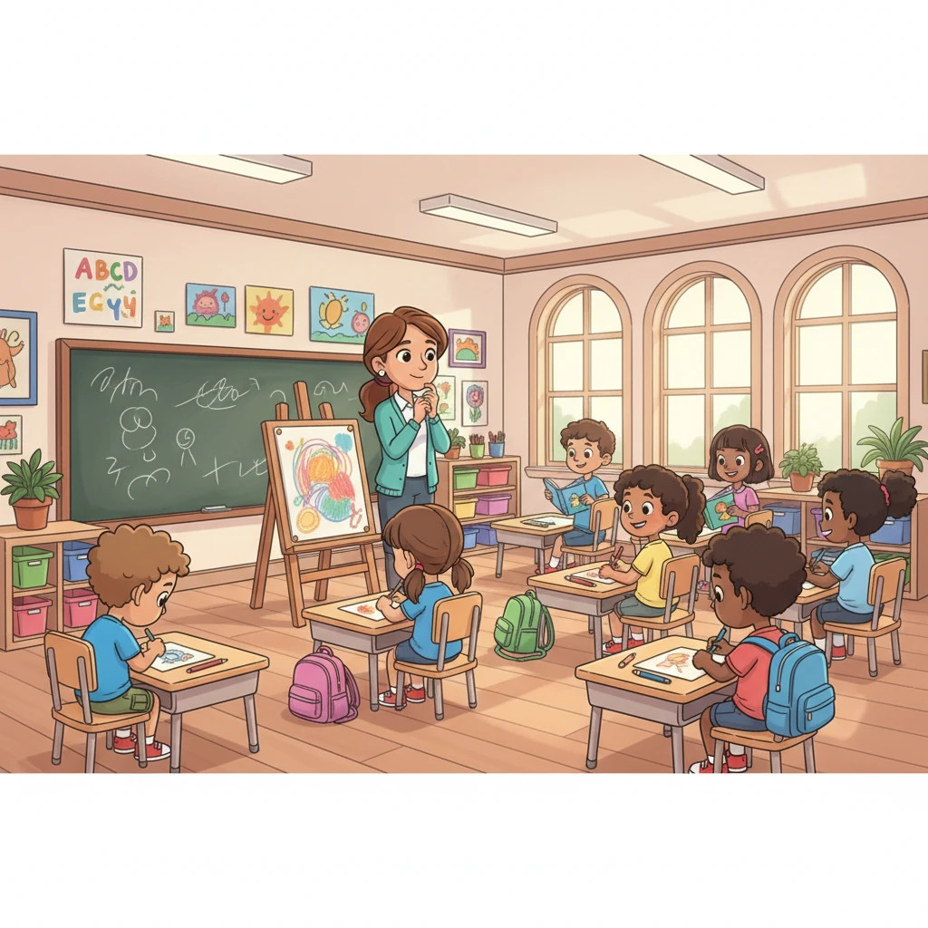 Ms. Bloom, the teacher, stands thoughtfully at the front of a bustling classroom, observing her students with a kind, reflective expression. She sees some students engaged and others, like a small, distant Alex, looking withdrawn. Her face shows a deep understanding and empathy for the varied emotions in her classroom.