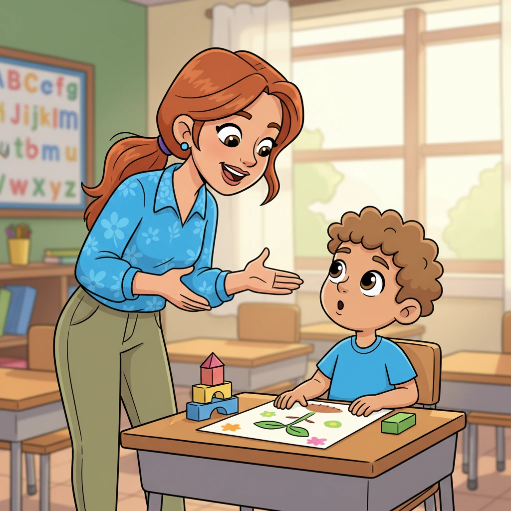 Ms. Bloom now stands beside Alex's desk, bending slightly to his level with a warm, encouraging smile. She is explaining a concept clearly, using expressive hand gestures, and Alex, though still a little hesitant, is looking up, a tiny spark of curiosity replacing his usual fear. The air around them feels lighter and more supportive.