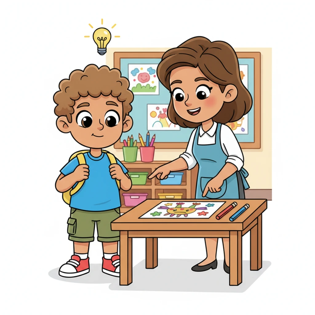 Ms. Bloom gently points to a drawing on Alex's paper, her expression helpful and guiding, not critical. Alex looks at his work, not with shame, but with a dawning look of understanding, a small cartoon lightbulb appearing over his head. The feedback is constructive, turning a mistake into a moment of learning.