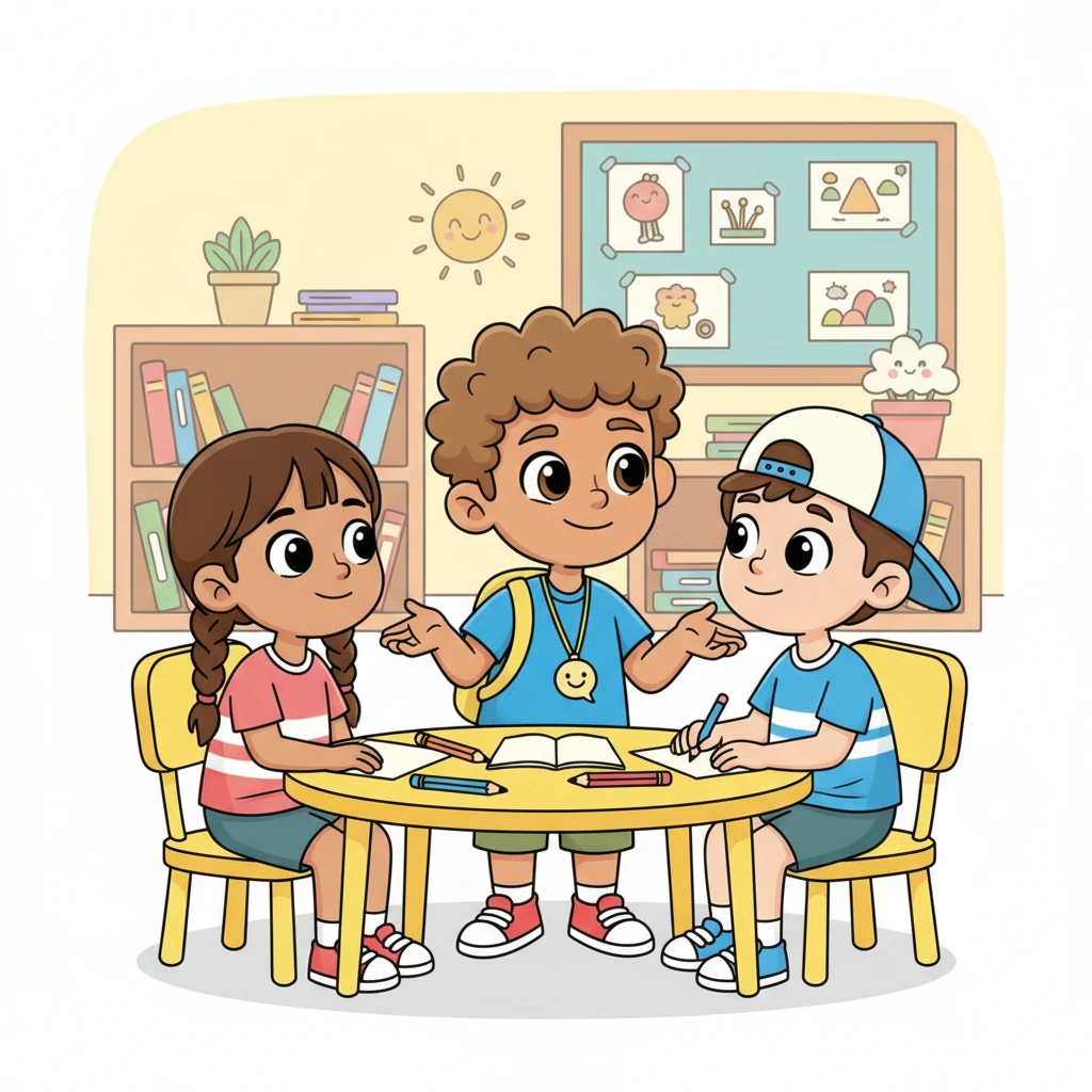 Alex is now actively engaged in a group discussion, leaning forward with a small, proud smile as he shares an idea. His groupmates, with friendly and open expressions, are listening attentively. The scene is dynamic and collaborative, showing Alex's newfound comfort and participation.