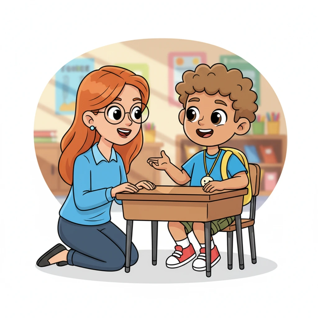 Ms. Bloom kneels beside Alex's desk, her face warm and attentive, fully focused on listening to Alex as he speaks comfortably and confidently. This close-up emphasizes the power of active listening and the safe space she has created. Alex's body language is open and relaxed.