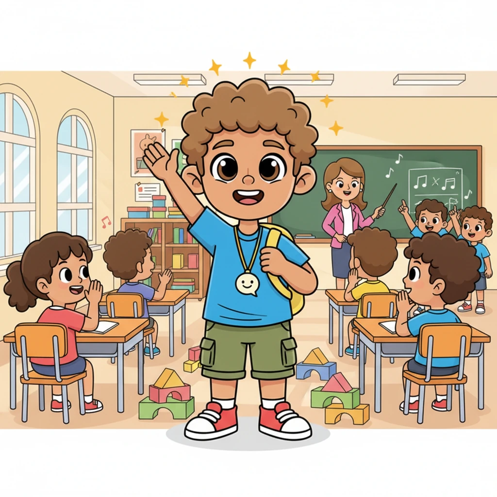 Alex stands tall and confident, enthusiastically raising his hand with a big, bright smile, ready to answer a question. The entire classroom is vibrant and filled with other happy, engaged students, all participating freely. The atmosphere is buzzing with positive energy and shared learning.