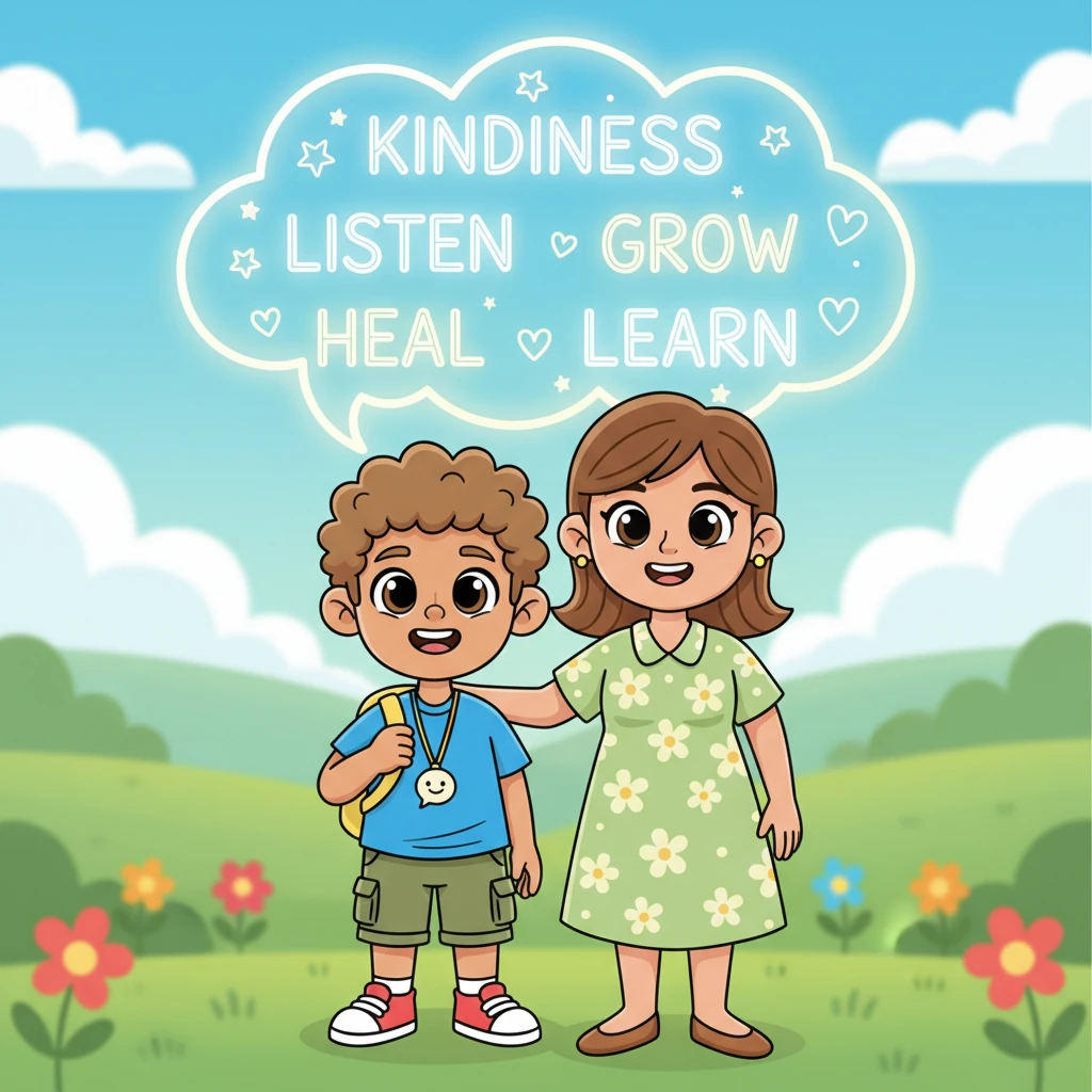 The friendly host character, Alex, and Ms. Bloom stand together, all smiling brightly and looking joyful. A large, whimsical speech bubble floats above them, filled with positive, glowing words like 'Kindness,' 'Listen,' 'Grow,' 'Heal,' and 'Learn,' symbolizing the powerful message of communication. The scene is full of vibrant, cheerful colors.