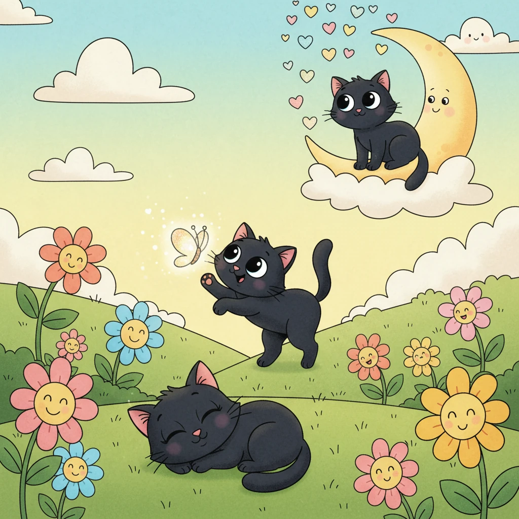 E così, io, Coco, il gattino nero con i grandi occhi azzurri, ho vissuto felice per sempre. Circondato dall'amore, giocavo, dormivo e facevo le fusa, mostrando a tutti che l'amore è l'unica vera fortuna. La mia vita era una melodia di gioia e affetto.