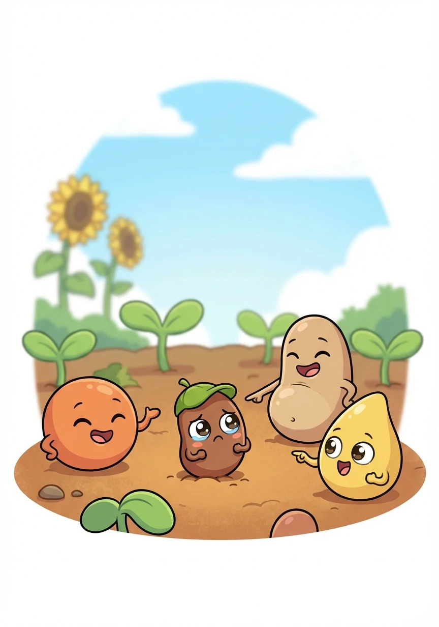 The other seeds chuckled at Pip's ambition. "You're too small!" they teased. "Sunflowers are big and strong!"