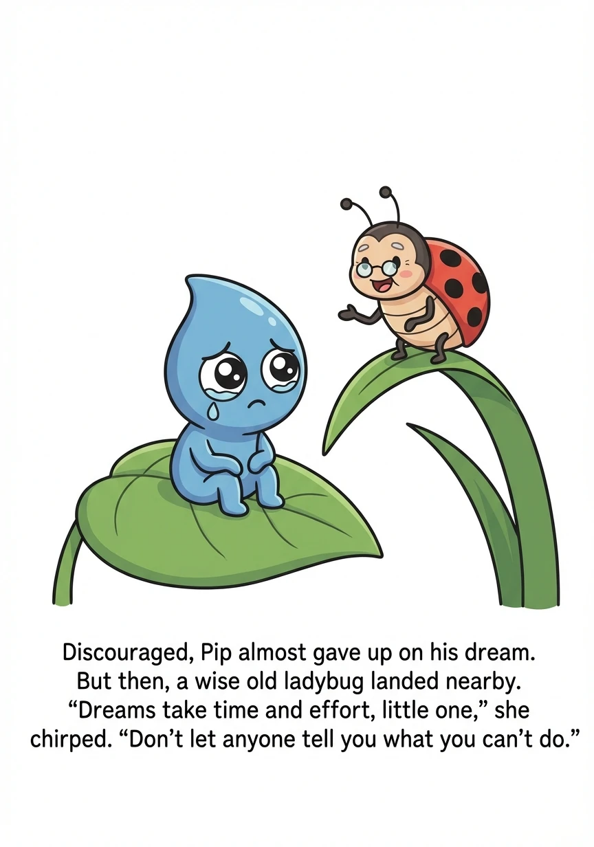Discouraged, Pip almost gave up on his dream. But then, a wise old ladybug landed nearby. "Dreams take time and effort, little one," she chirped. "Don't let anyone tell you what you can't do."