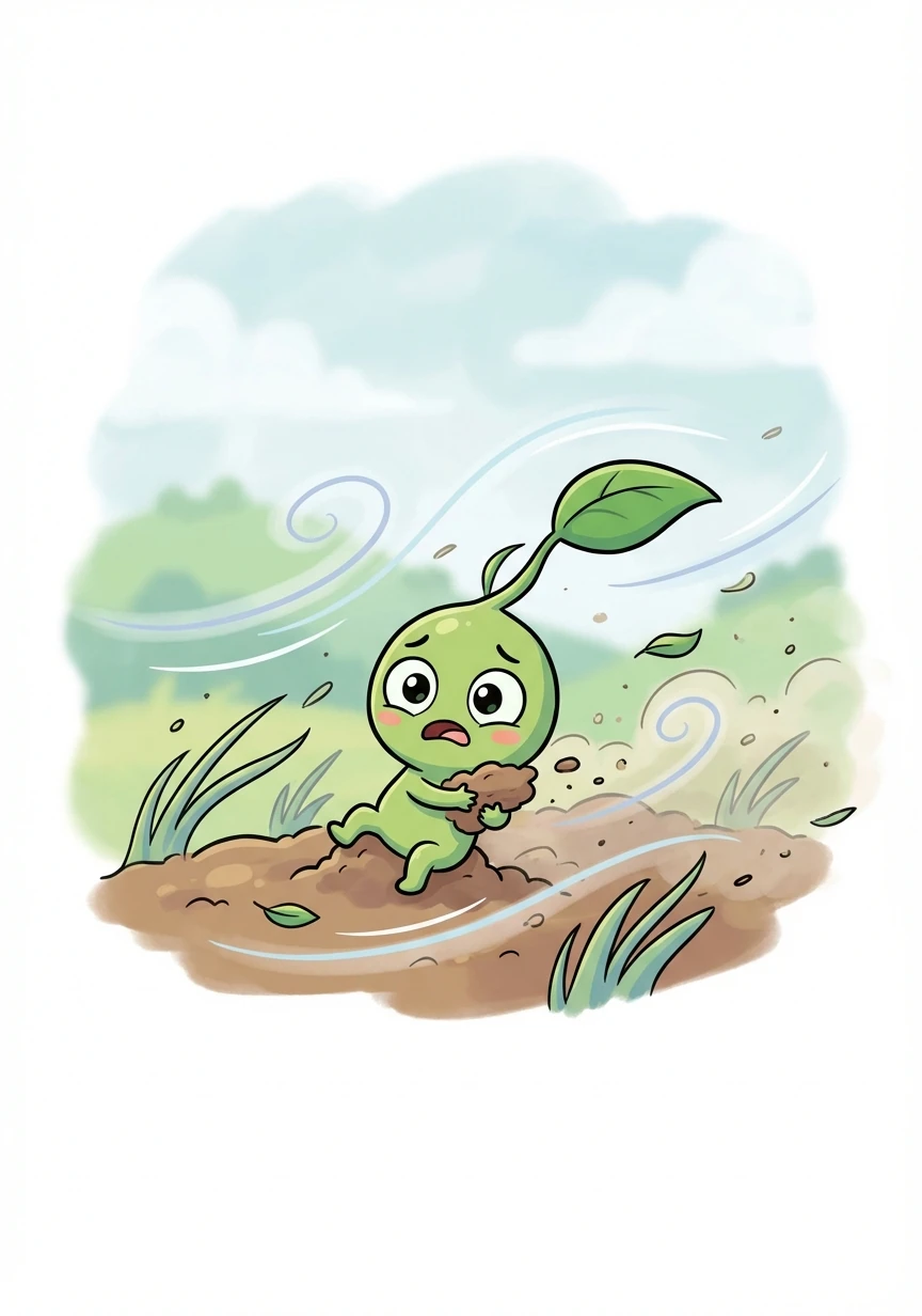 Pip clung tightly to the earth, his little stem swaying in the wind. He was scared, but he remembered the ladybug's words and held on with all his might.