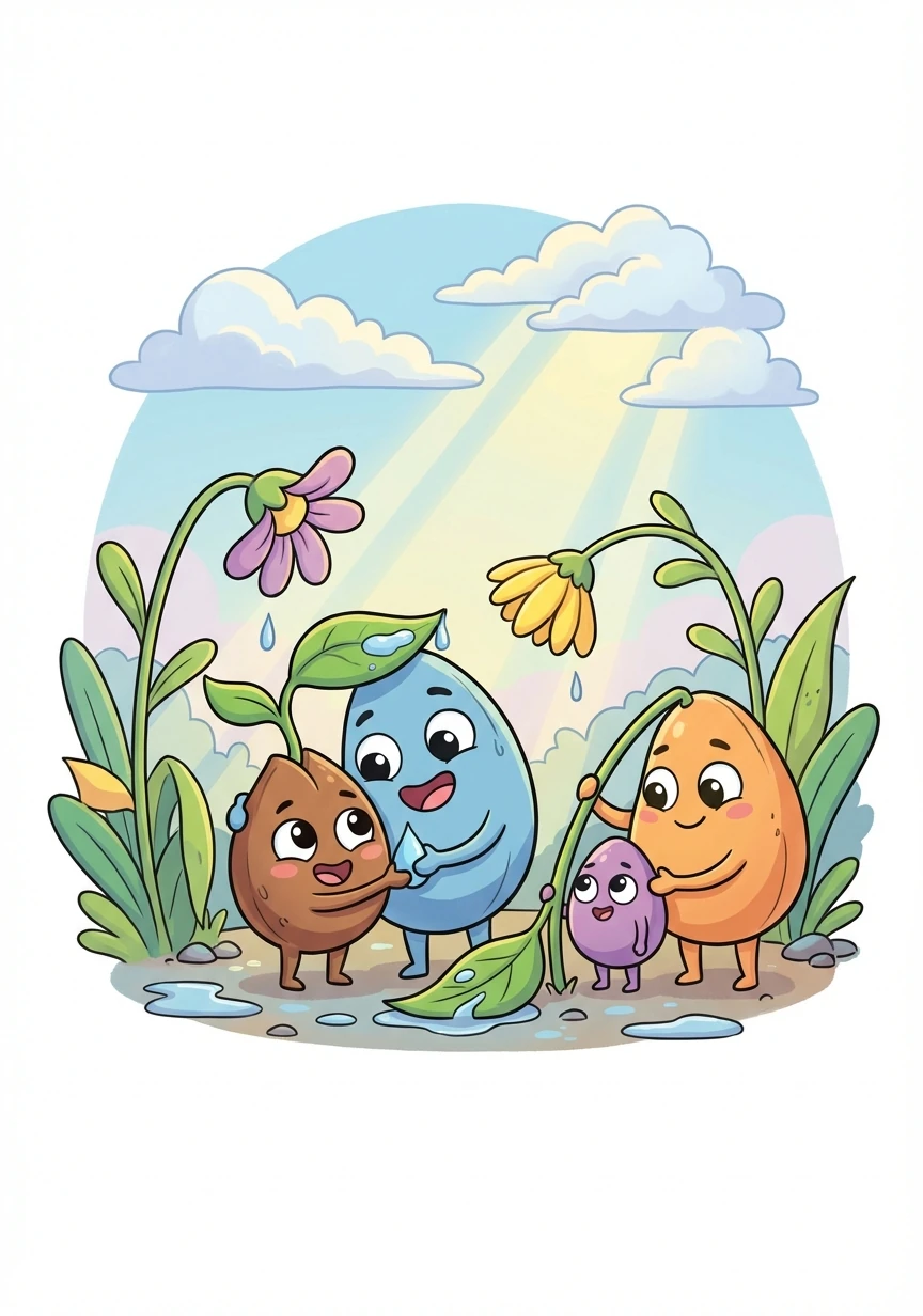 Together, the seeds helped each other recover from the storm. They shared sunlight and water, supporting each other's growth.