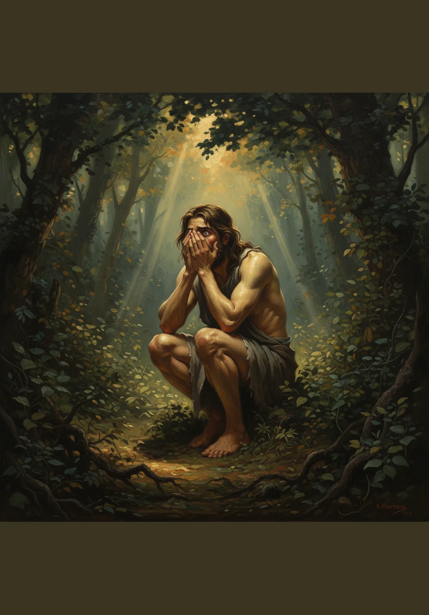 Adán se encoge de miedo entre la densa vegetación, escuchando una voz que antes era su mayor consuelo. El aire se siente pesado y la luz del atardecer proyecta sombras alargadas que parecen perseguirlo entre los árboles. El primer escondite de la humanidad nace de una vergüenza profunda que nunca antes había sentido.